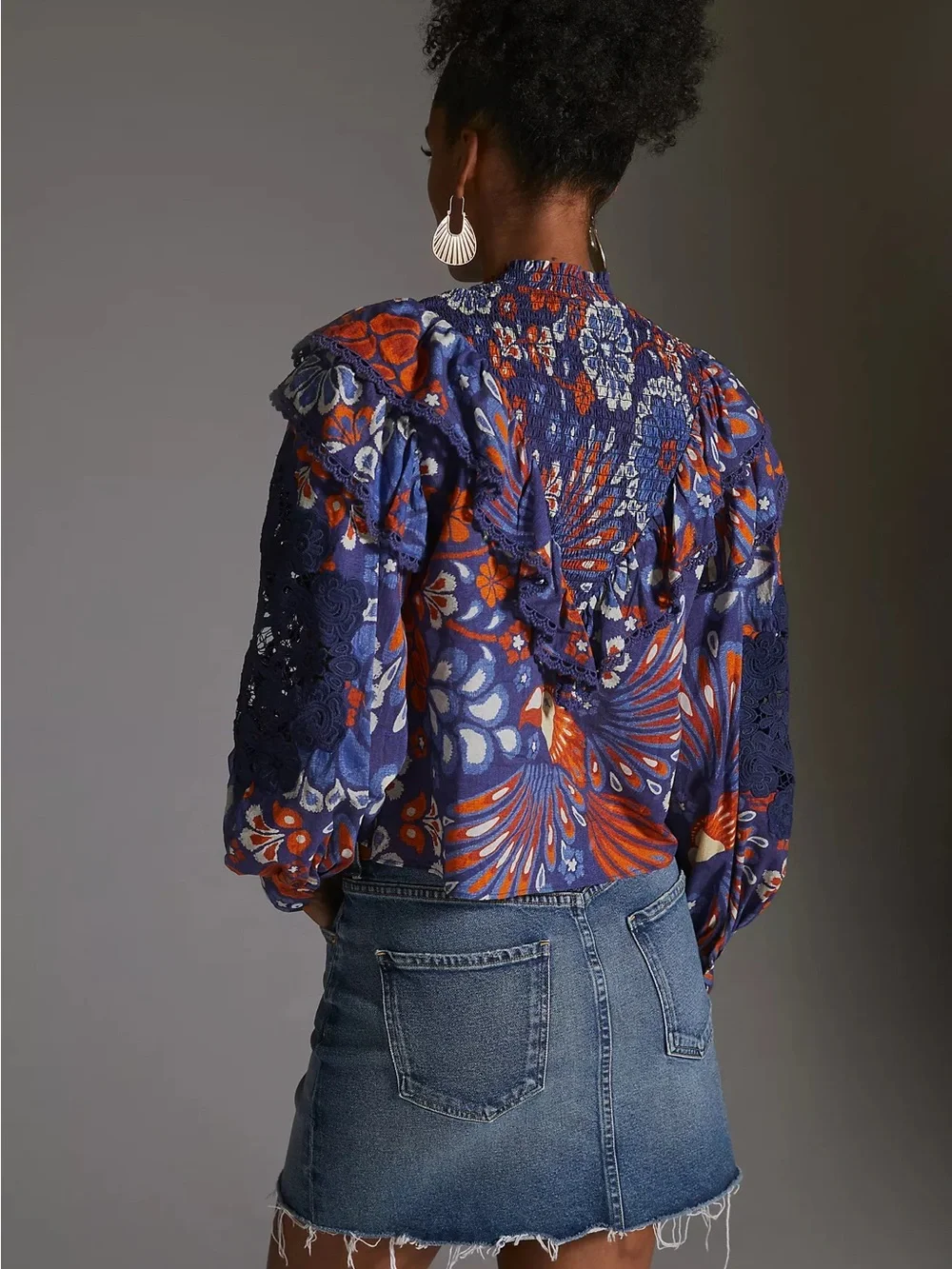 FARM Rio Navy & Orange Floral Lace Puff-Sleeve Blouse